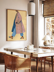 Stylized walking figure wall art illustration of a person in a striped orange and blue coat with blue striped pants. - Image 3