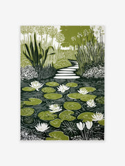 Illustrative green and white water lily pond print with stepping stone path and garden foliage