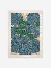 Water lily poster featuring green lily pads floating on blue water with concentric ripple patterns and beige background texture.