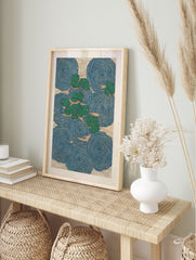 Water lily poster featuring green lily pads floating on blue water with concentric ripple patterns and beige background texture. - Image 4