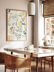 Watercolour illustration of ducks and geese in various poses on a light background with blue water, in a styled room mockup