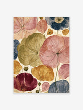Watercolour poppy seed heads in pink, green, and blue with fine line details on cream background