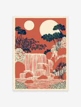 Japanese-style waterfall art print with cascading water, lush trees, and two moons against a reddish-orange sky.