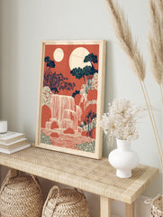 Japanese-style waterfall art print with cascading water, lush trees, and two moons against a reddish-orange sky. - Image 3