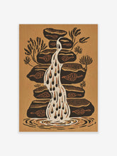 Stylised waterfall poster with black rocks, beige background, and leaf motifs in earthy tones