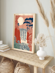 Stylized waterfall wall art print with a large moon, dark blue trees, red cliffs, and patterned foliage in a natural landscape. - Image 3