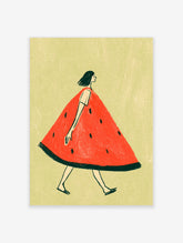 Red watermelon dress poster with black seeds and green hem on pale green background