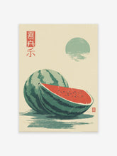Japanese style watermelon wall art print with whole and sliced watermelon, sun, and water reflection.