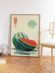 Japanese style watermelon wall art print with whole and sliced watermelon, sun, and water reflection. - Image 2