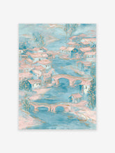 Impressionistic waterside village art with blue rivers, pink-roofed houses, and arched bridges in soft pastel colors.