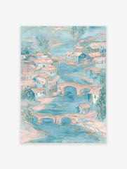 Impressionistic waterside village art with blue rivers, pink-roofed houses, and arched bridges in soft pastel colors.