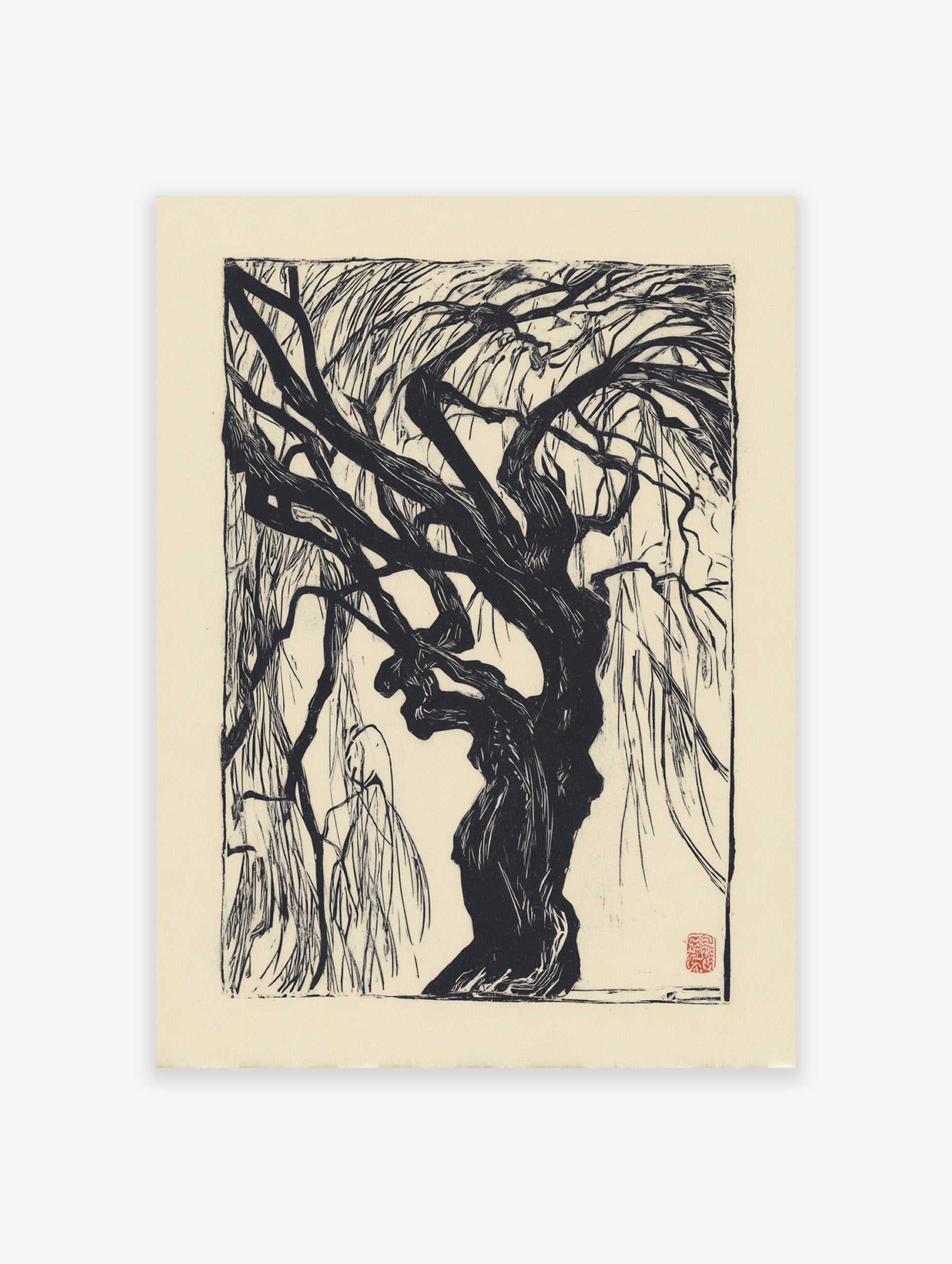 Black and white woodcut print of a gnarled weeping willow tree. Dramatic botanical tree wall art on a light background.
