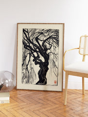 Black and white woodcut print of a gnarled weeping willow tree. Dramatic botanical tree wall art on a light background. - Image 2