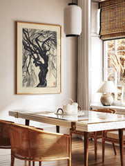 Black and white woodcut print of a gnarled weeping willow tree. Dramatic botanical tree wall art on a light background. - Image 3