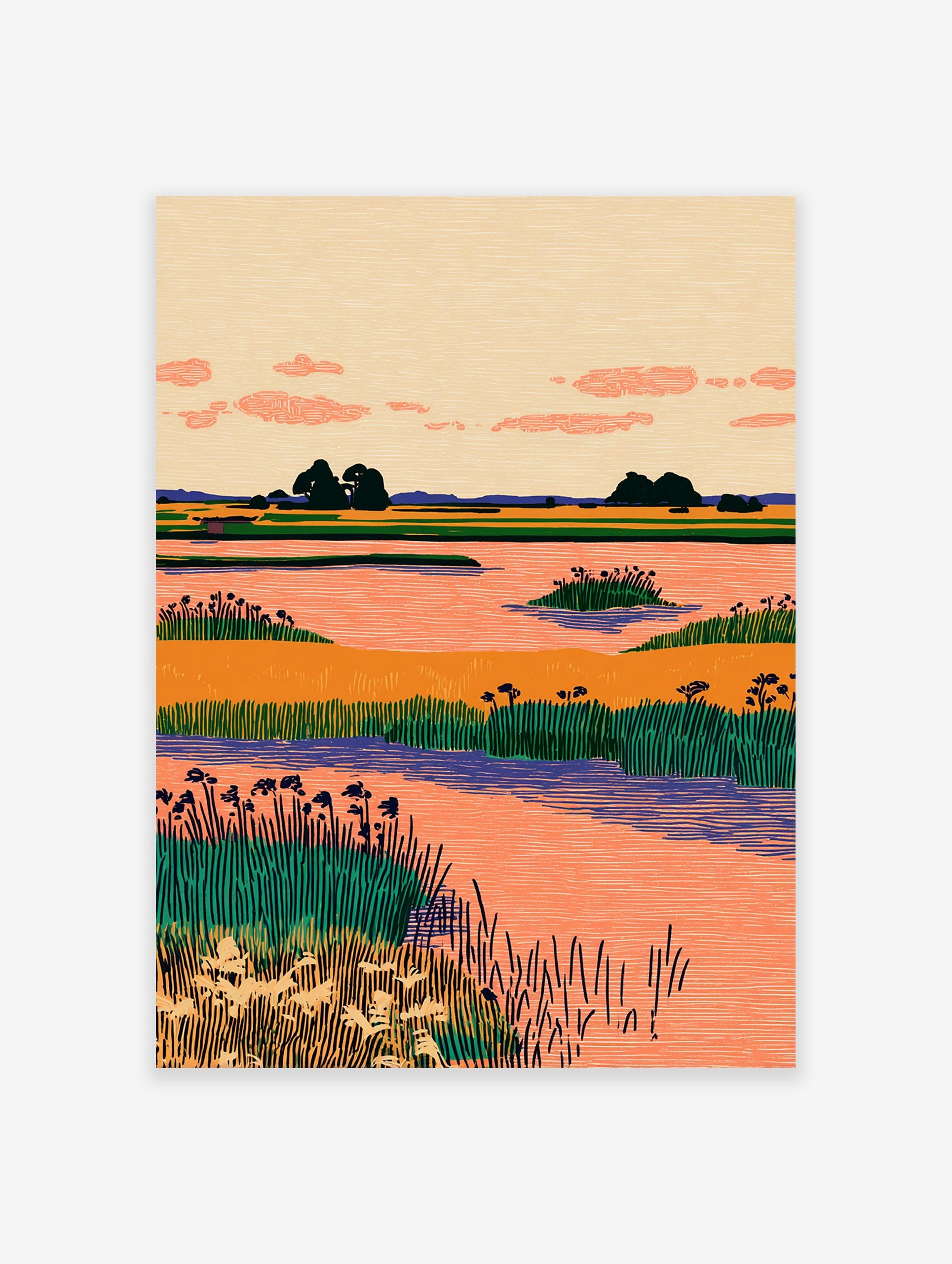 Stylized wetland landscape wall art with orange water, green reeds, dark trees, and a peach sky with pink clouds.