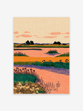 Stylized wetland landscape wall art with orange water, green reeds, dark trees, and a peach sky with pink clouds.