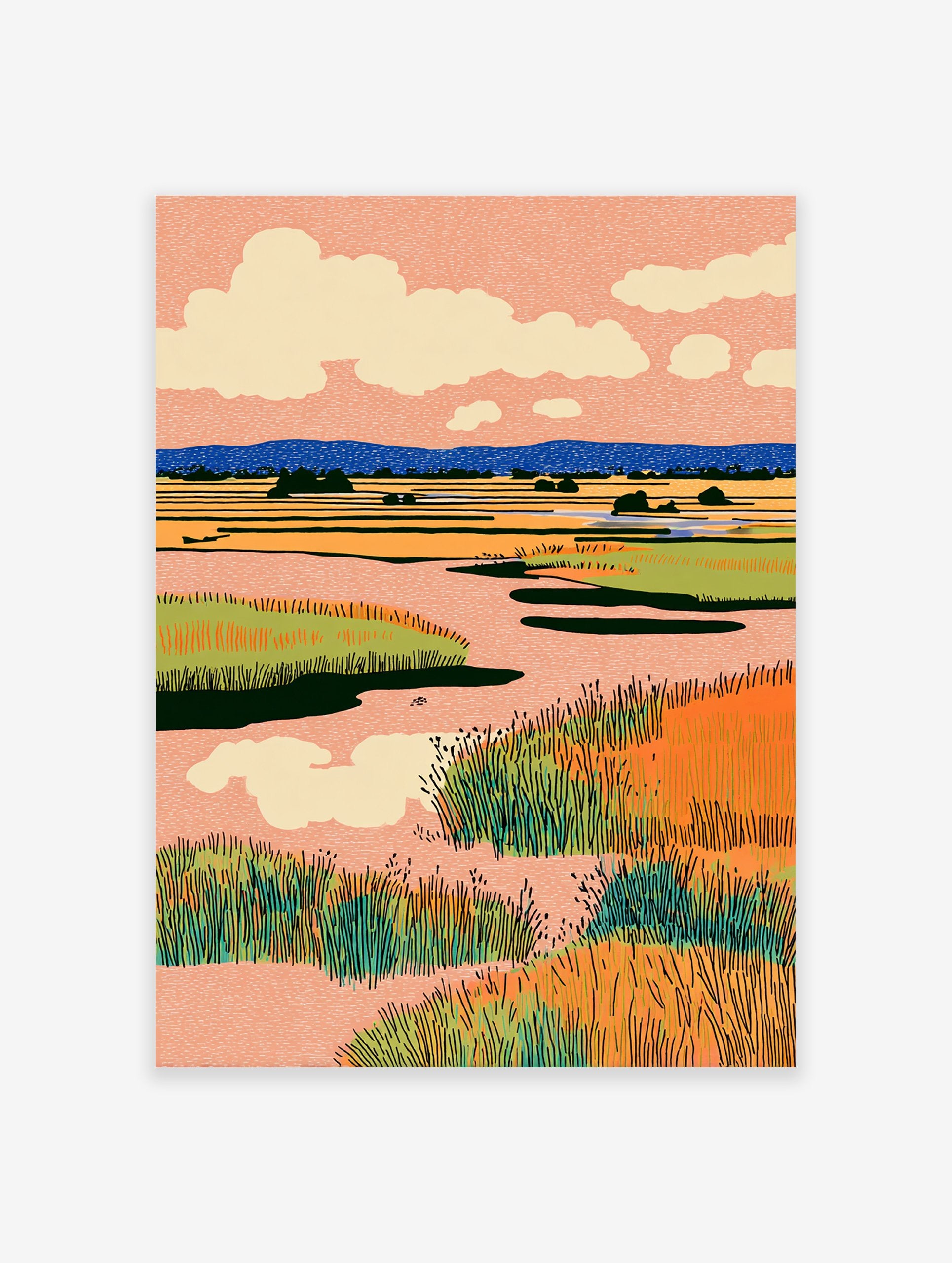 Illustrative wetlands landscape wall art print with peach sky, blue mountains, and vibrant green and orange marsh grasses.