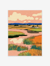 Illustrative wetlands landscape wall art print with peach sky, blue mountains, and vibrant green and orange marsh grasses.