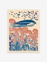 Blue whale swimming over coral flowers and blue foliage with birds in the sky, illustrative wall art