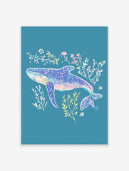 Illustrative blue whale art print with pink, yellow, and white seaweed on a teal background