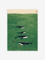 Illustrated whale art print showing a family of whales and small fish swimming in a green ocean with stylized waves.