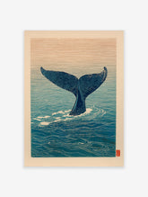 Japanese style whale art print featuring a whale tail diving into blue ocean waters under a serene orange sky.