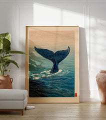 Japanese style whale art print featuring a whale tail diving into blue ocean waters under a serene orange sky. - Image 3