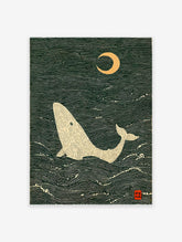 Japanese style whale art print showing a beige whale in dark green wavy ocean under a golden crescent moon.