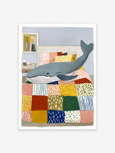 Playful illustration of a blue whale lying on a colorful patchwork quilt in a bedroom. Whale art print.
