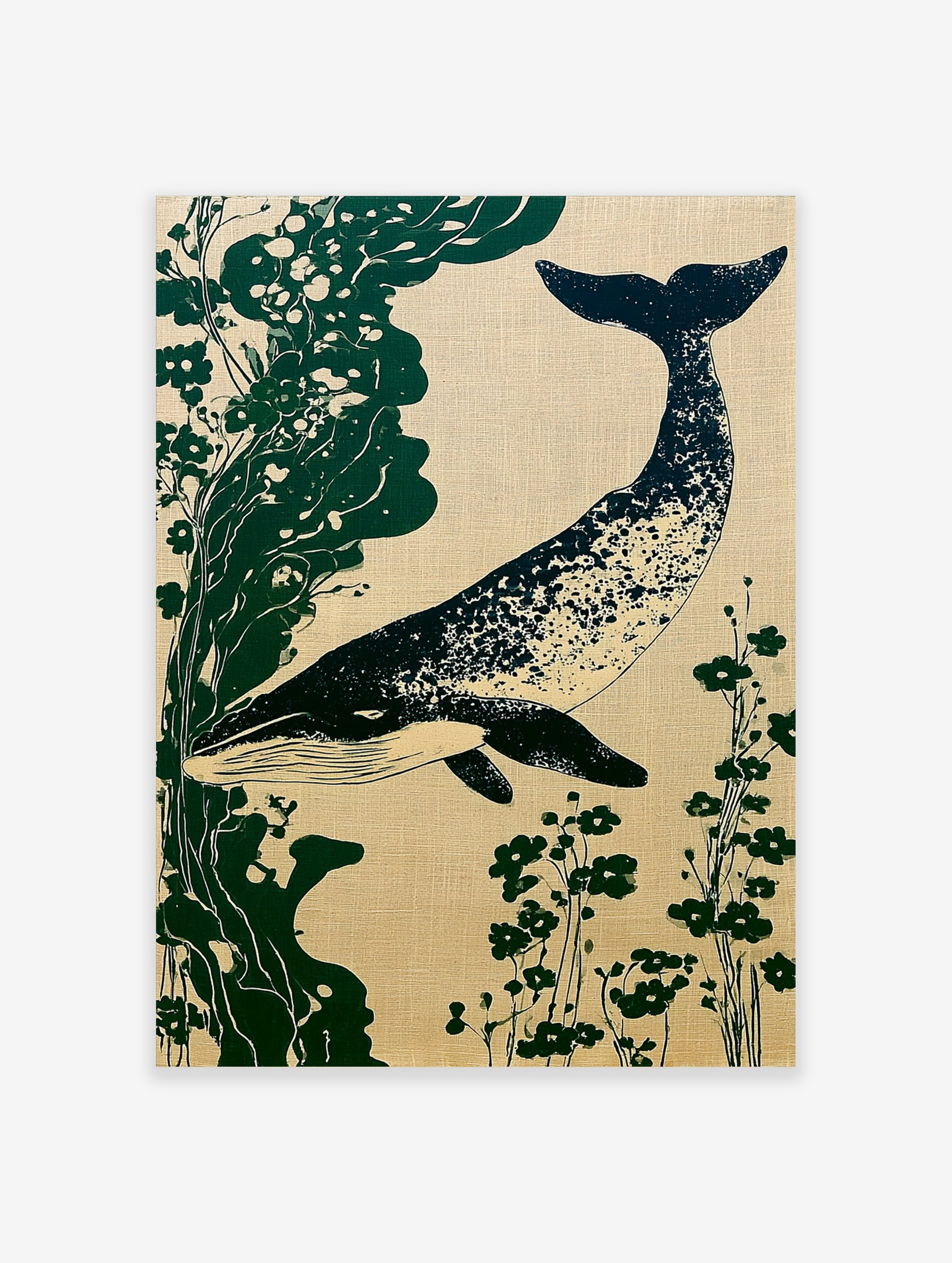 Whale and botanical illustration in Japanese style, deep blue whale with green plants on a textured beige background