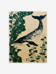 Whale and botanical illustration in Japanese style, deep blue whale with green plants on a textured beige background