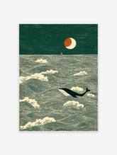 Illustrative art print of a whale swimming in green ocean waves under a crescent moon, with a small boat in the distance.