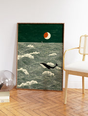 Illustrative art print of a whale swimming in green ocean waves under a crescent moon, with a small boat in the distance. - Image 2