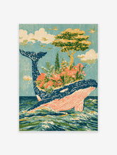 Blue whale with a flower garden and tree on its back, swimming in stylised ocean waves under a blue sky with birds