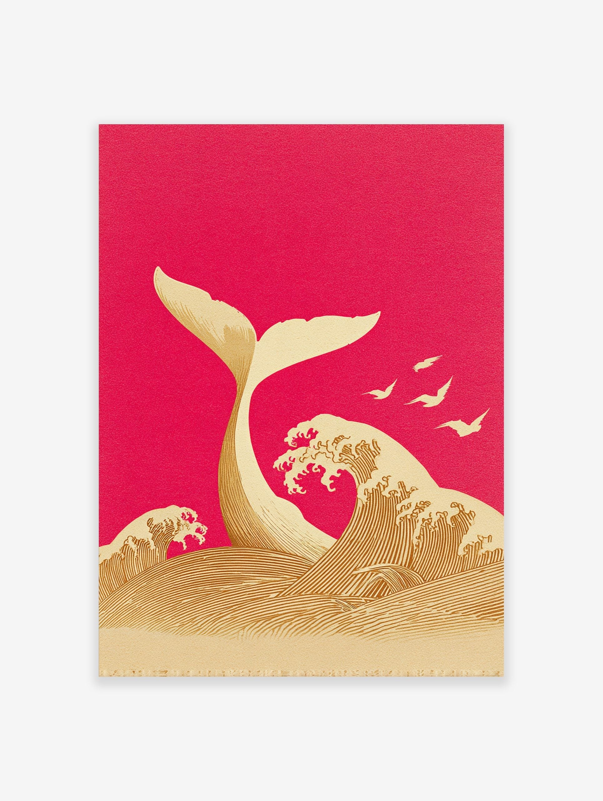 Illustrative whale tail emerging from ocean waves with birds on magenta background