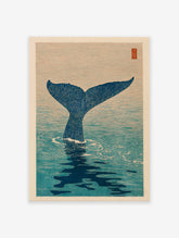 Japanese woodblock style art print featuring a blue whale tail submerging into serene blue ocean water, with a beige sky.
