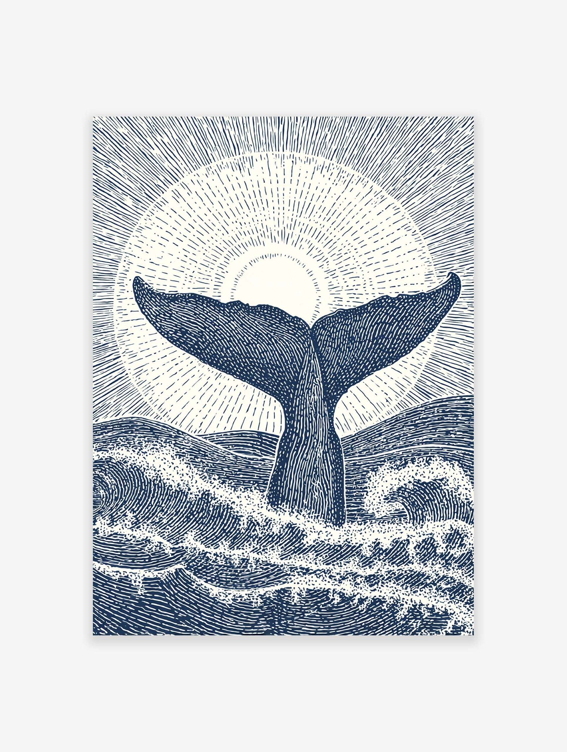 Whale tail poster featuring a vintage-style illustration of a whale's fluke emerging from ocean waves under a sunburst.