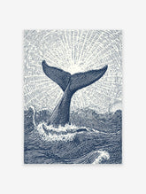 Whale tail poster art print with ocean waves and sunburst effect in blue and white illustrative style.