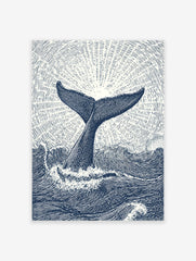 Whale tail poster art print with ocean waves and sunburst effect in blue and white illustrative style.