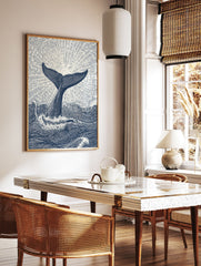 Whale tail poster art print with ocean waves and sunburst effect in blue and white illustrative style. - Image 2
