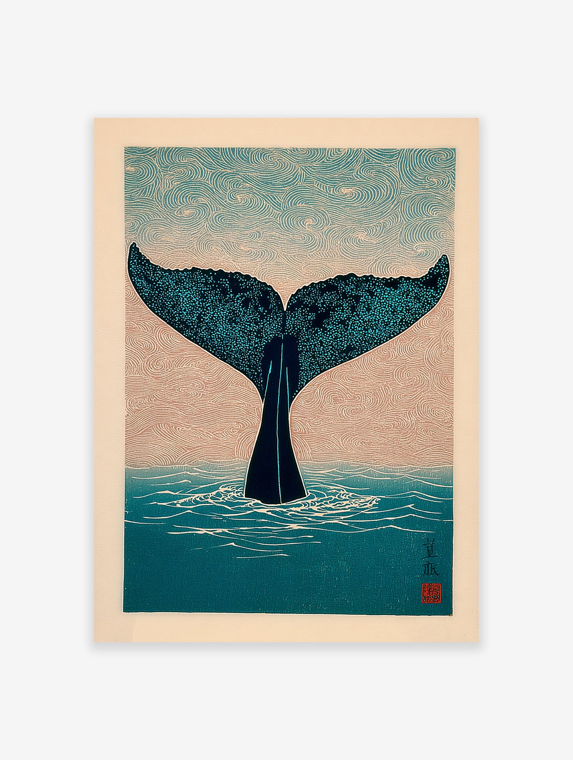 Japanese style Whale Tail Wall Art print showing a dark blue whale tail diving into teal water with wave patterns.