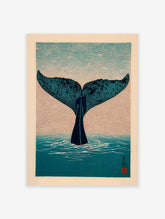 Japanese style Whale Tail Wall Art print showing a dark blue whale tail diving into teal water with wave patterns.