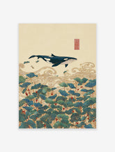 Asian style whale wall art illustration with a blue whale, golden waves, and green lotus leaves on a beige background with a red seal.
