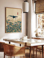 Asian style whale wall art illustration with a blue whale, golden waves, and green lotus leaves on a beige background with a red seal. - Image 2