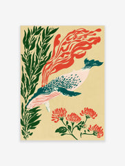 Illustrative whale wall art with green seaweed, red floral motifs, and abstract red shapes on a cream background