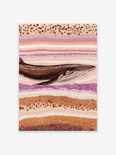 Whale art print in Aboriginal dot painting style with brown, orange, cream, and purple wavy patterns