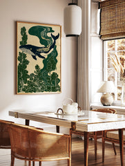 Stylised whale illustration swimming through deep green forest foliage on a neutral textured, in a styled room mockup