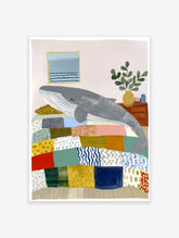 Whimsical whale wall art illustration showing a grey whale sleeping on a colorful patchwork bed in a cozy room.