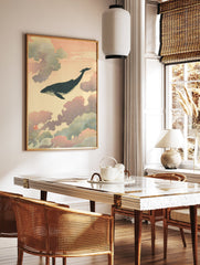 Japanese-style whale wall art print with a dark whale swimming through pink and blue clouds with gold speckles. - Image 2