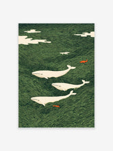 Three white whales swim through a green wave pattern ocean with small orange fish and white clouds in a Japanese art style.